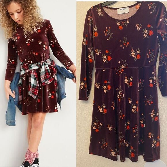 Old Navy Long Sleeve Velvet Fit & Flare burgundy red floral stretch Dress 10-12 - Picture 1 of 9